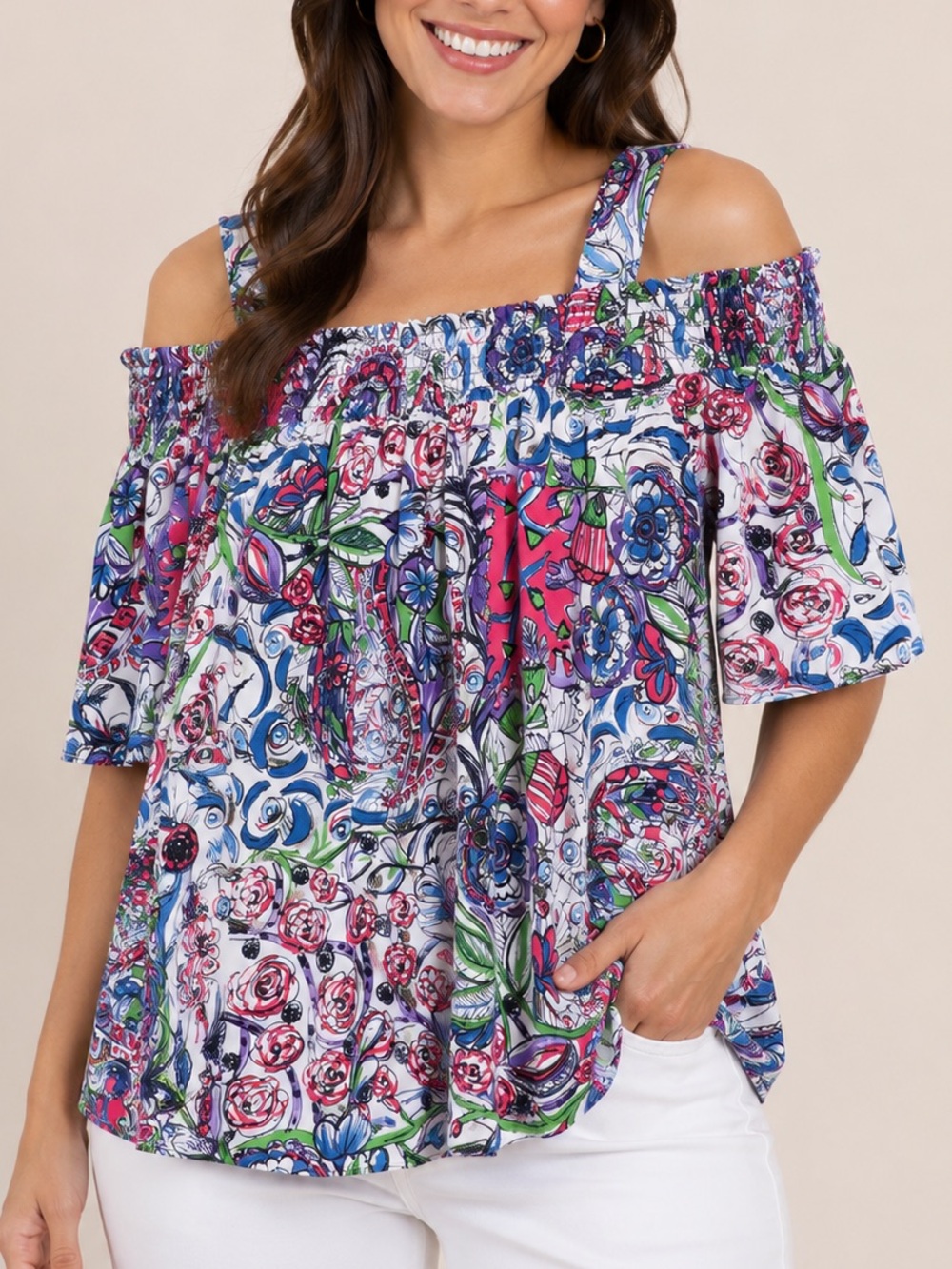 Susan Graver XXS Floral Paisley Off Shoulder Peasant Top Boho Multicolor Artsy